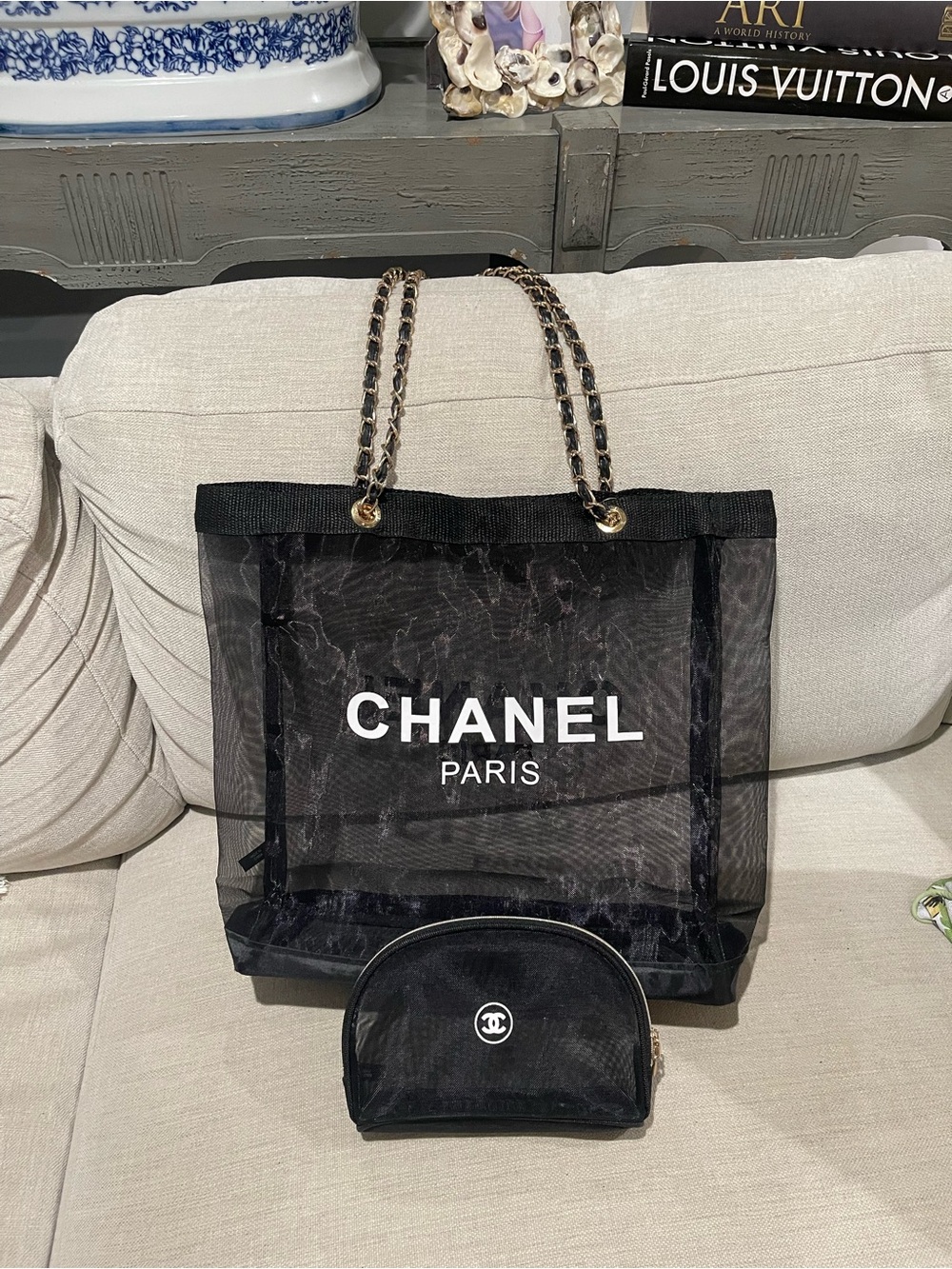 CHANEL Gift With Purchase Mesh Tote with Gold Chain-Strap and mesh cosmetic bag